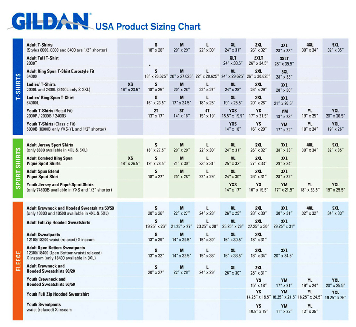 Gildan Size Chart Active-Workwear | vlr.eng.br