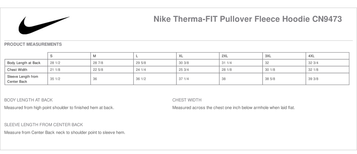 Nike dri fit hot sale hoodie size chart